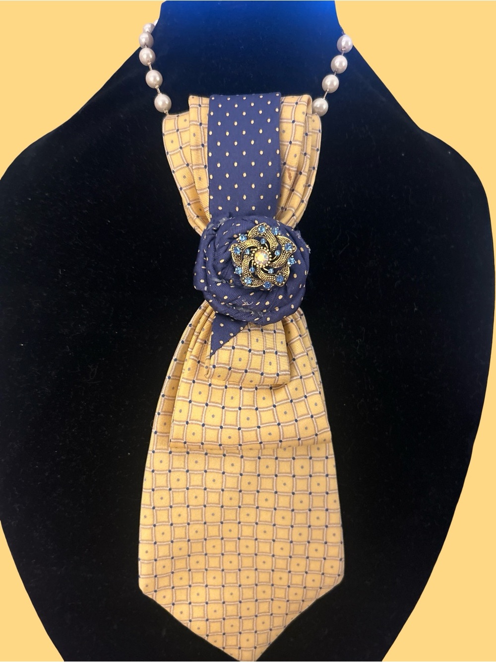 Silk Neck Scarf Tie with Navy Rose Accent